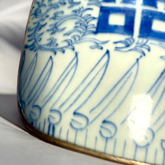 Vintage Chinese Blue & White Porcelain Metal DOUBLE HAPPINESS 6"x5"x2.5" Box - Picture 2 of 12